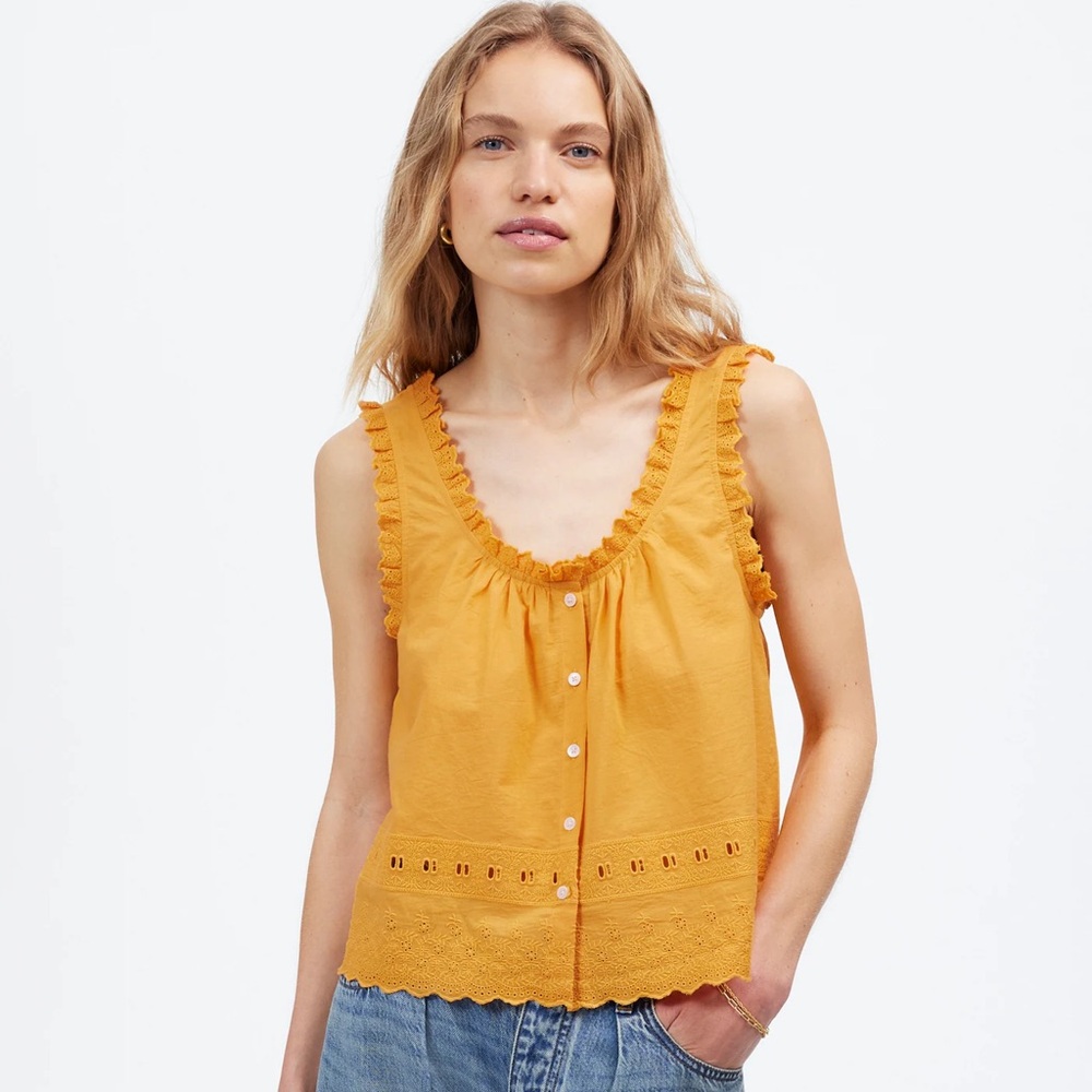Madewell Embroidered Ruffle Trim Sleeveless Top in pollen